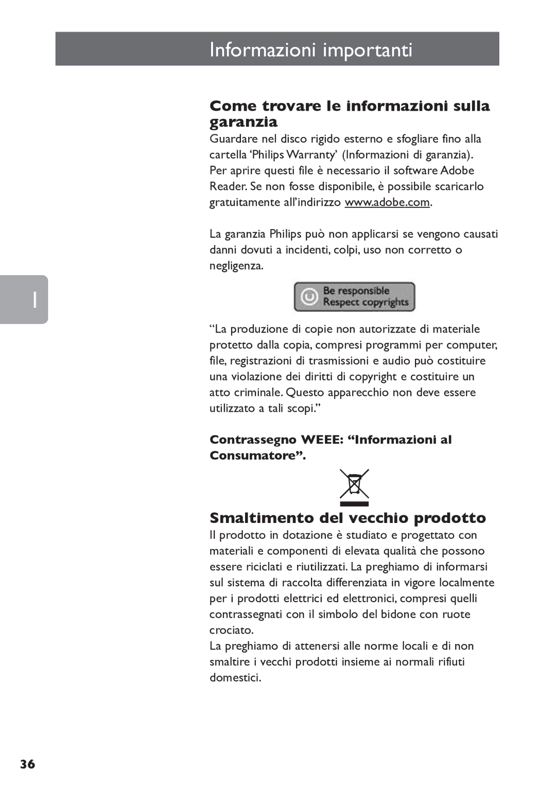 Philips SPE3000 Series user manual Informazioni importanti, Come trovare le informazioni sulla garanzia 