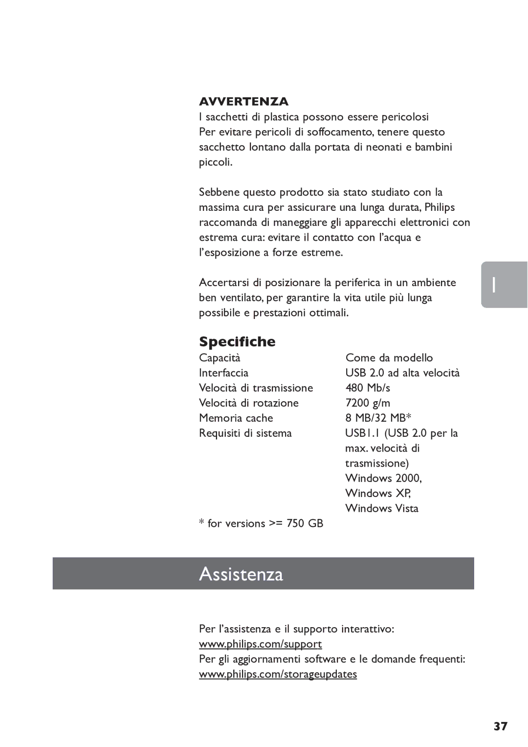 Philips SPE3000 Series user manual Assistenza, Specifiche, Avvertenza 