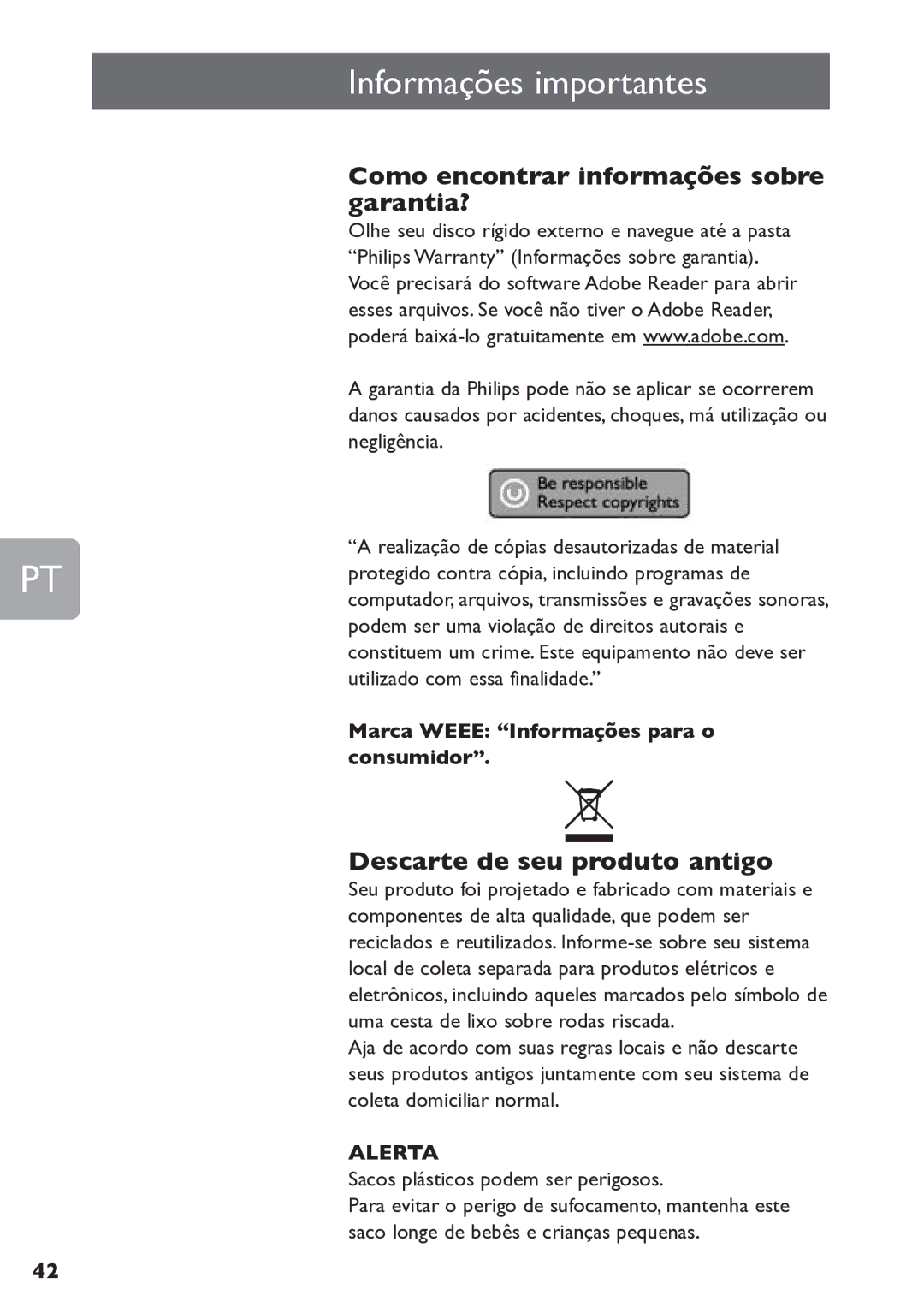 Philips SPE3000 Series Informações importantes, Como encontrar informações sobre garantia?, Descarte de seu produto antigo 