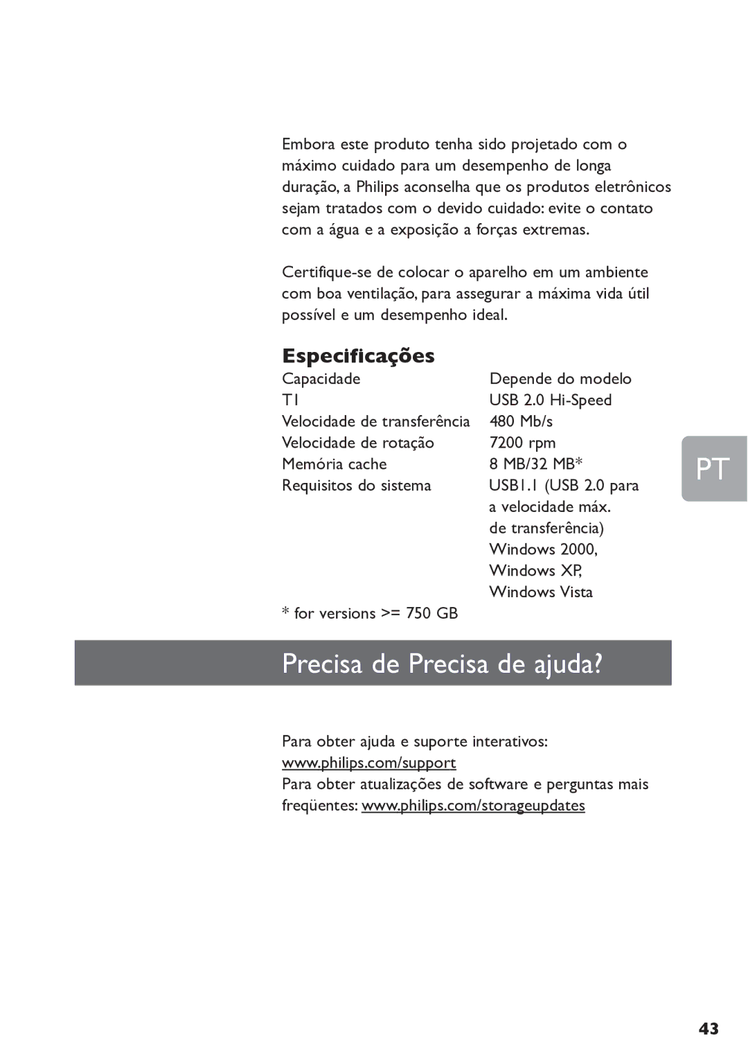 Philips SPE3000 Series user manual Precisa de Precisa de ajuda?, Especificações 