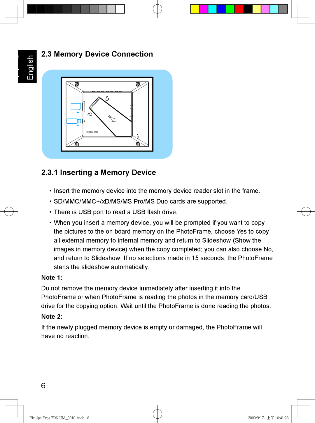 Philips SPF 3407D/G7, SPF 3007D/G7 user manual Memory Device Connection, Inserting a Memory Device 