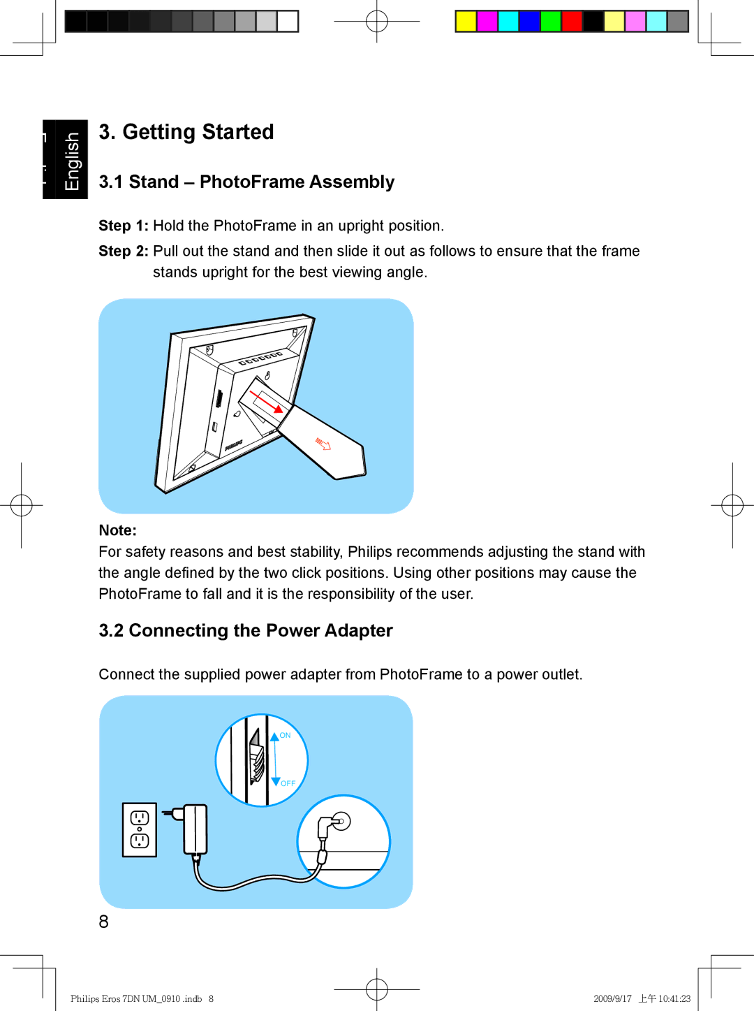 Philips SPF 3407D/G7, SPF 3007D/G7 user manual Getting Started, Stand PhotoFrame Assembly, Connecting the Power Adapter 