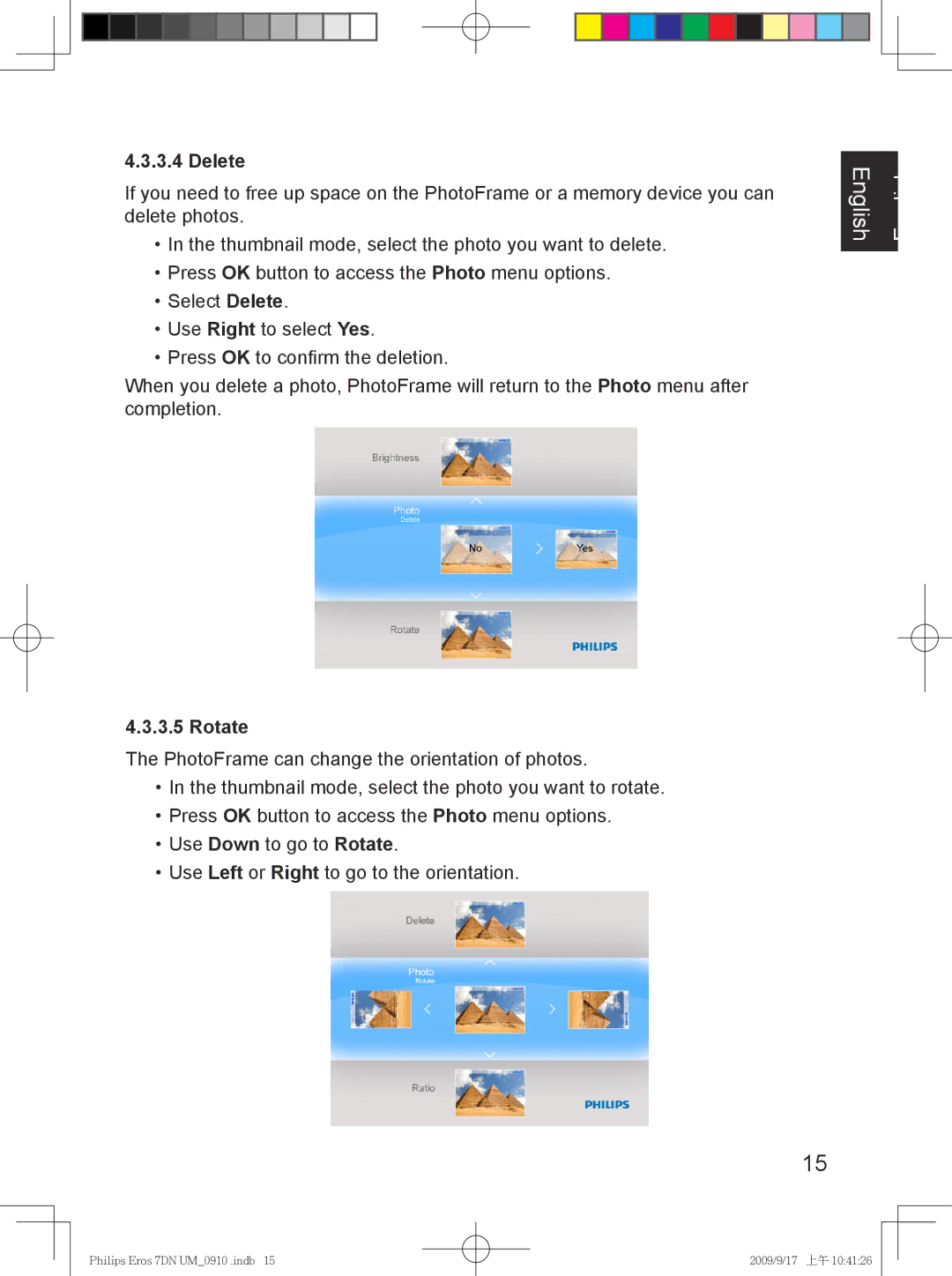 Philips SPF 3007D/G7, SPF 3407D/G7 user manual Delete, Rotate 