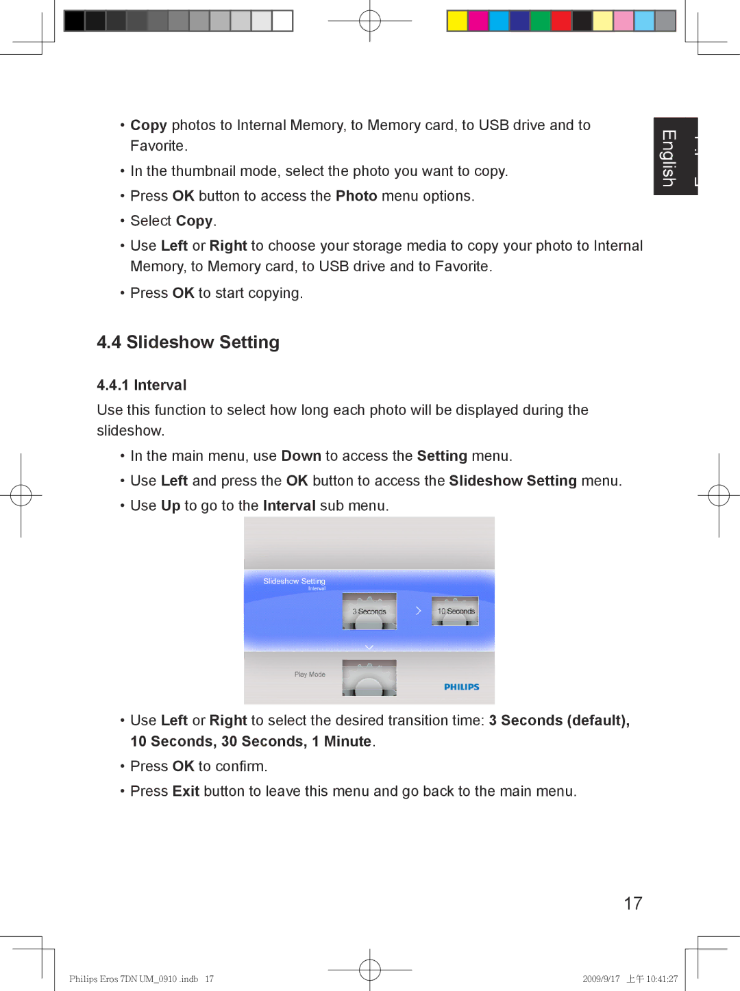 Philips SPF 3007D/G7, SPF 3407D/G7 user manual Slideshow Setting, Interval 