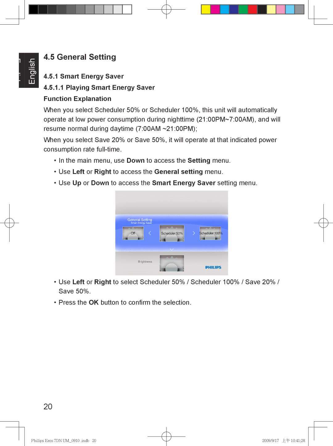 Philips SPF 3407D/G7, SPF 3007D/G7 user manual General Setting, Use Left or Right to access the General setting menu 