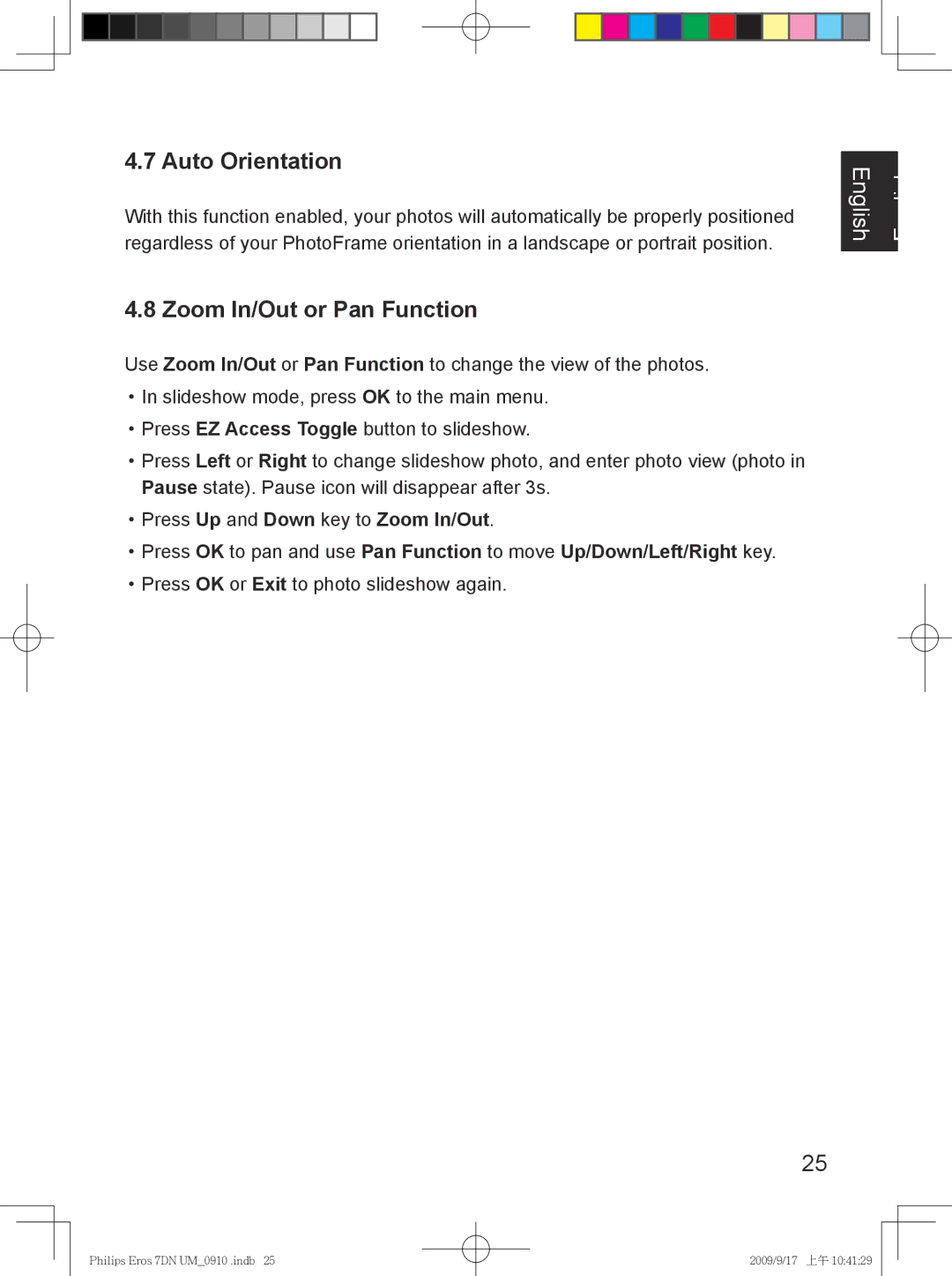 Philips SPF 3007D/G7, SPF 3407D/G7 user manual Auto Orientation, Zoom In/Out or Pan Function 