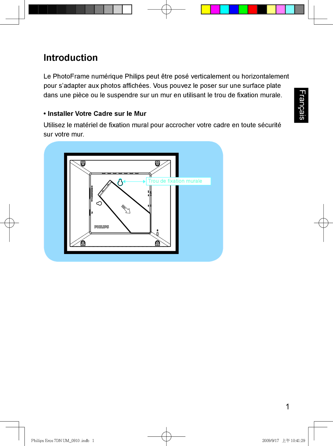 Philips SPF 3007D/G7, SPF 3407D/G7 user manual Introduction, Installer Votre Cadre sur le Mur 