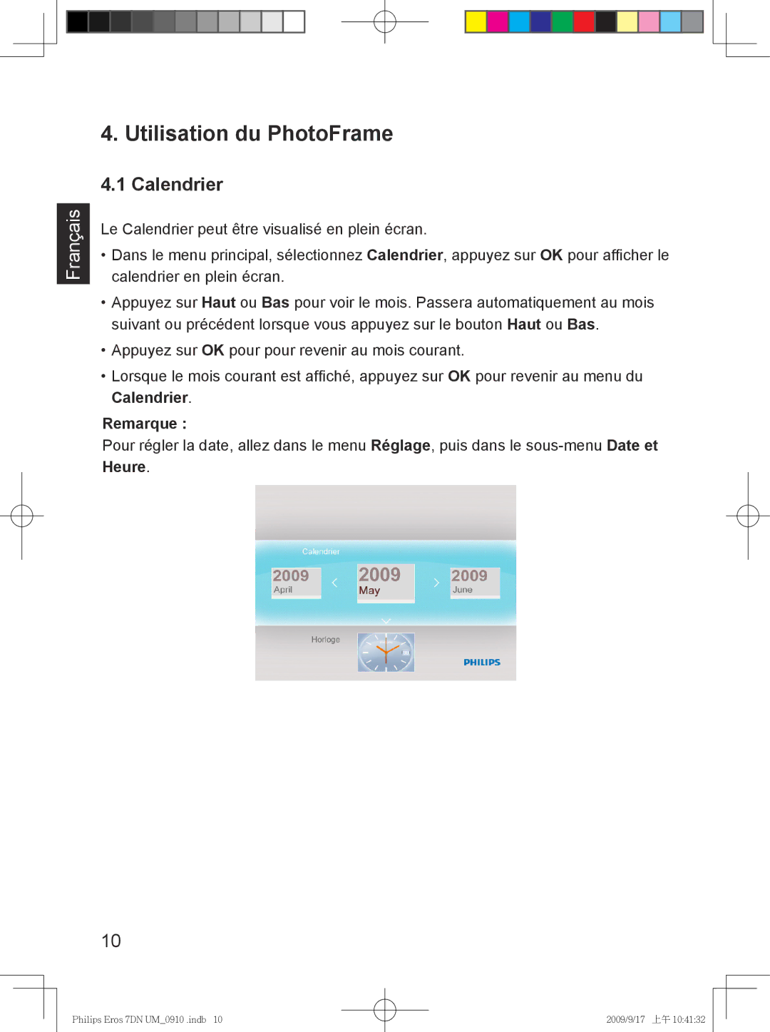 Philips SPF 3407D/G7, SPF 3007D/G7 user manual Utilisation du PhotoFrame, Calendrier 