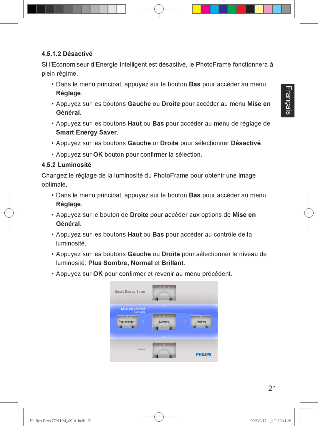 Philips SPF 3007D/G7, SPF 3407D/G7 user manual 1.2 Désactivé, Luminosité 