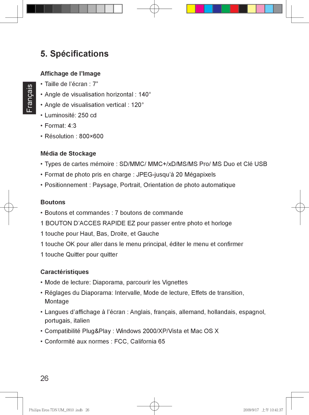 Philips SPF 3407D/G7, SPF 3007D/G7 Spécifications, Affichage de l’Image, Média de Stockage, Boutons, Caractéristiques 