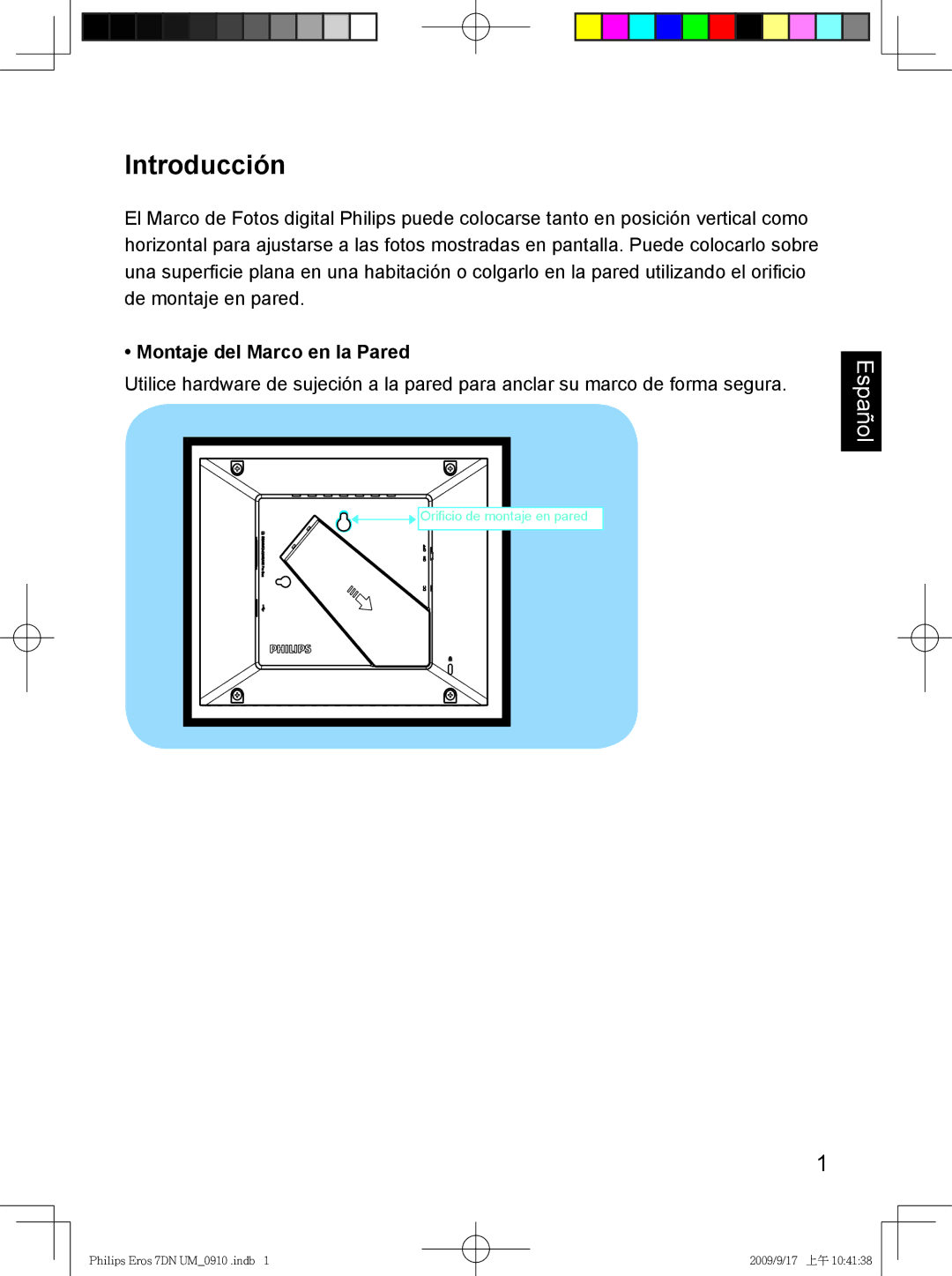 Philips SPF 3007D/G7, SPF 3407D/G7 user manual Introducción, Montaje del Marco en la Pared 