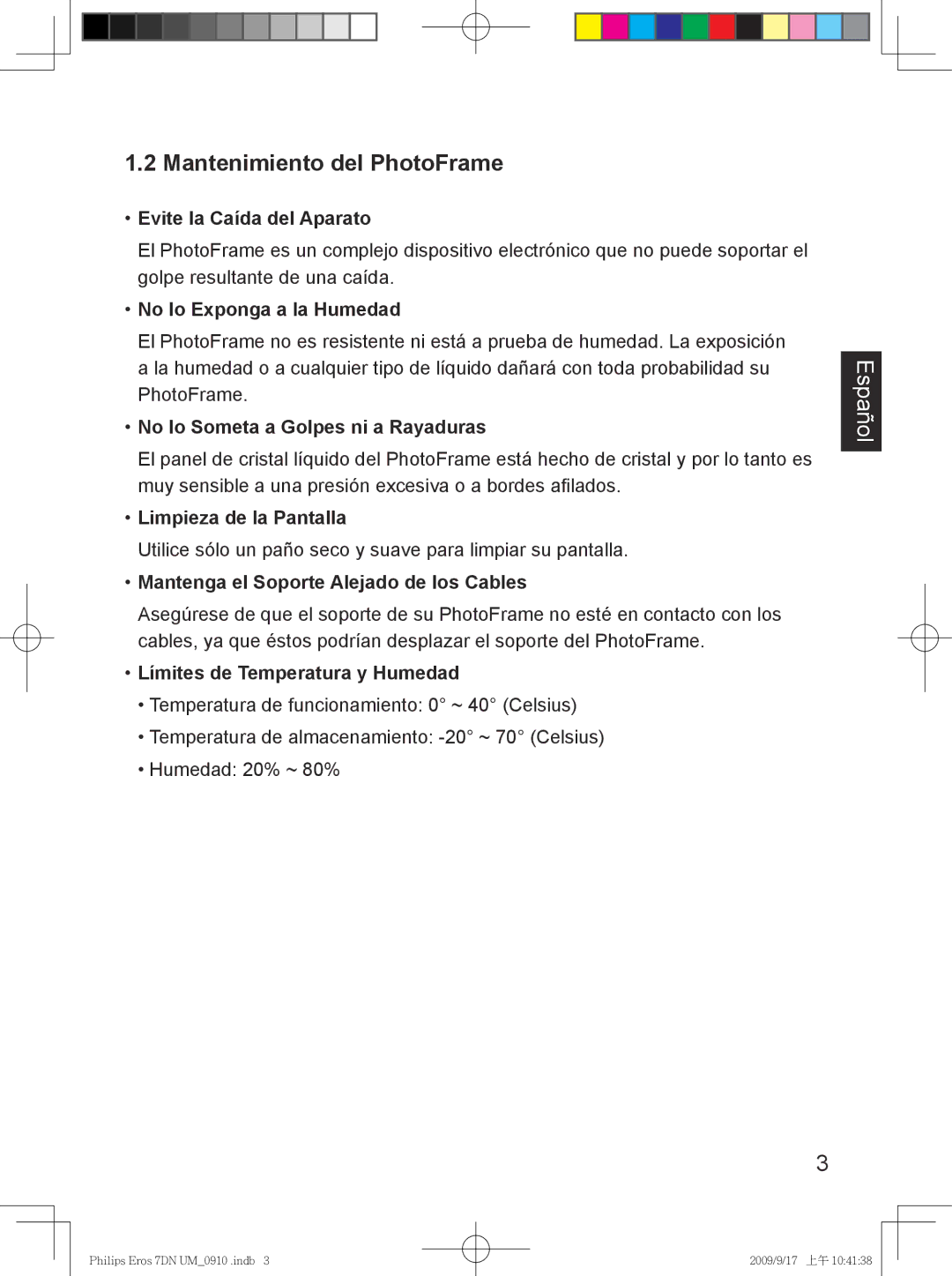 Philips SPF 3007D/G7, SPF 3407D/G7 user manual Mantenimiento del PhotoFrame 