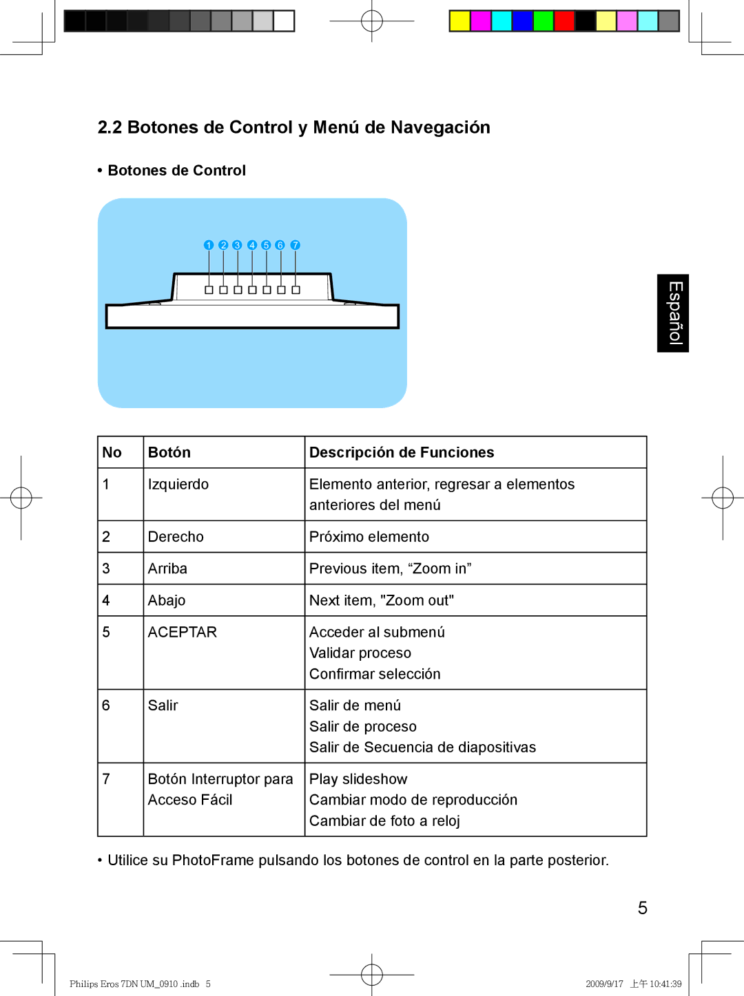 Philips SPF 3007D/G7, SPF 3407D/G7 user manual Botones de Control y Menú de Navegación, Botón Descripción de Funciones 