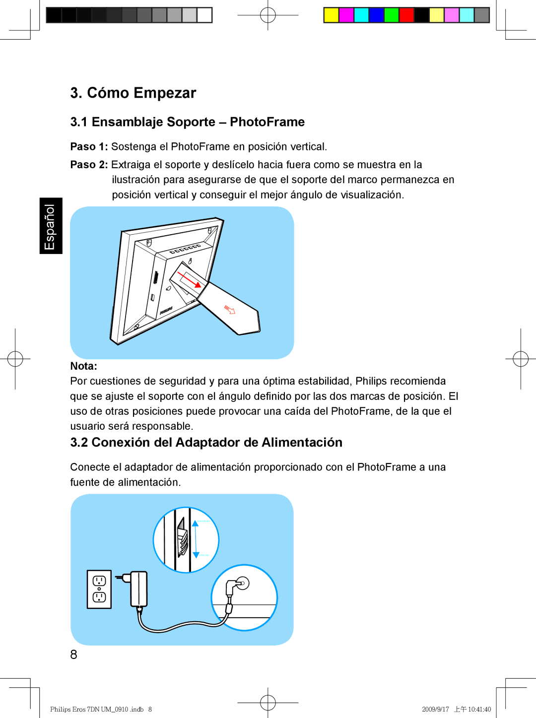 Philips SPF 3407D/G7, SPF 3007D/G7 Cómo Empezar, Ensamblaje Soporte PhotoFrame, Conexión del Adaptador de Alimentación 