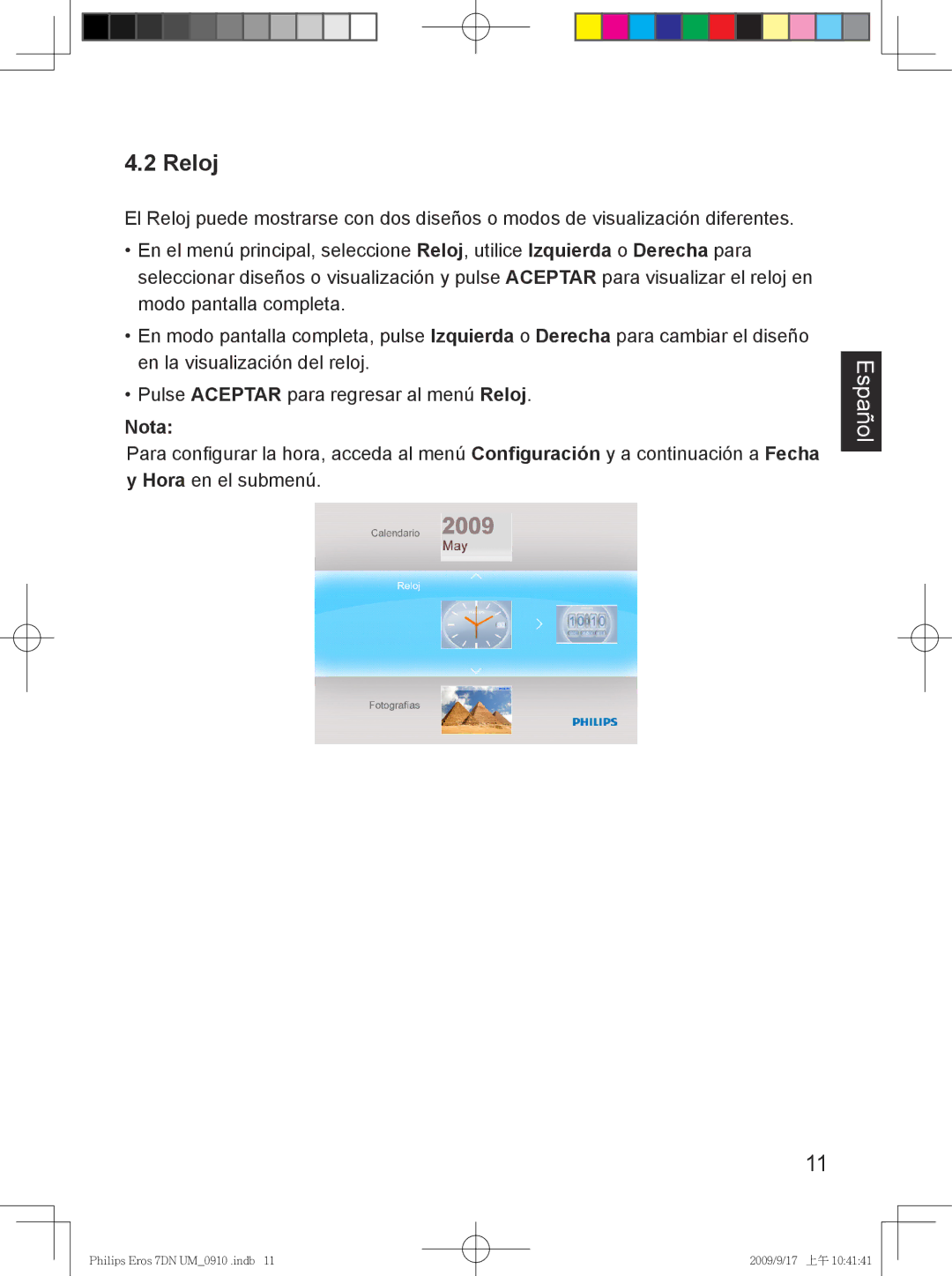 Philips SPF 3007D/G7, SPF 3407D/G7 user manual Reloj 