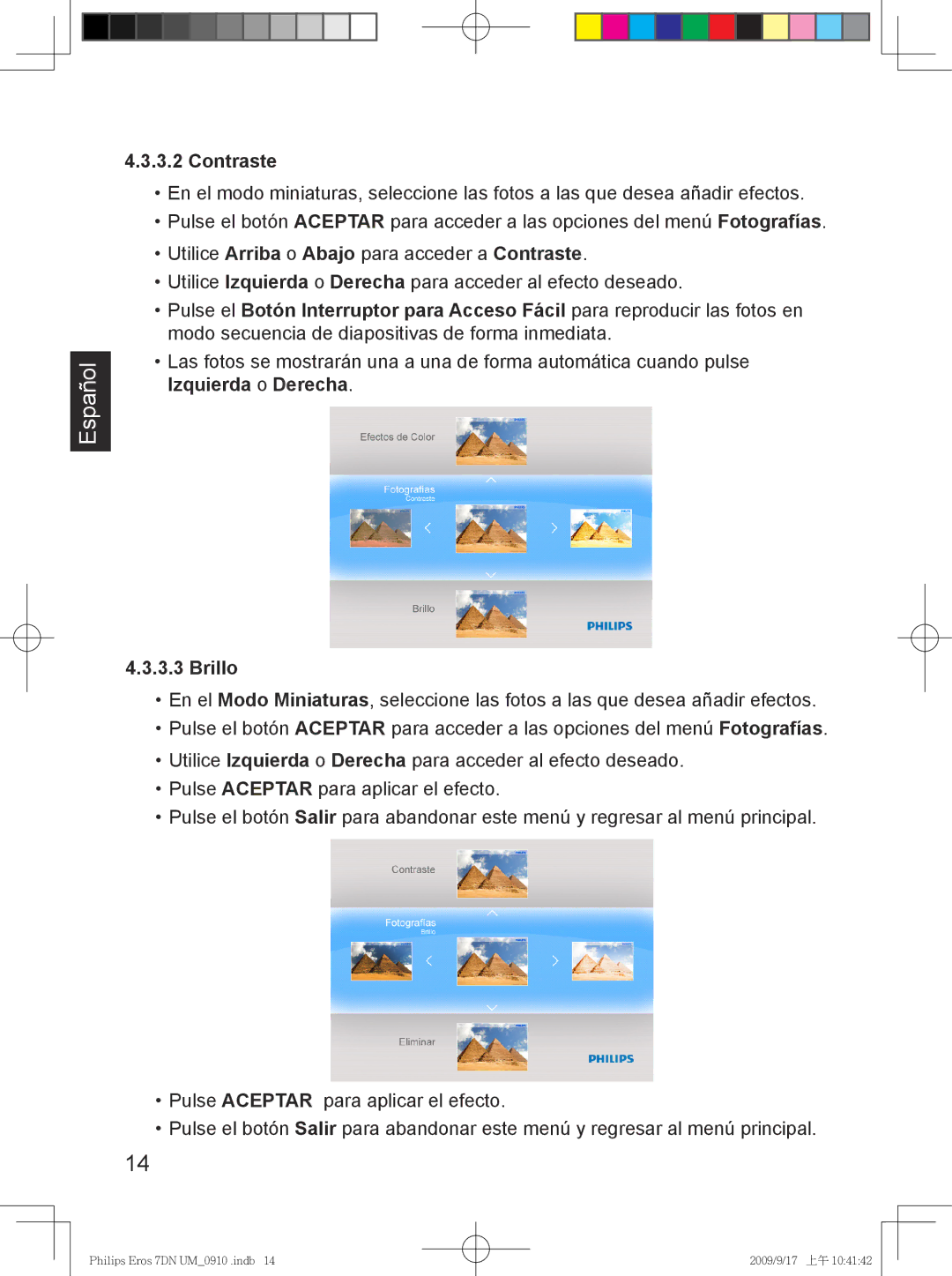 Philips SPF 3407D/G7, SPF 3007D/G7 user manual Contraste, Izquierda o Derecha Brillo 