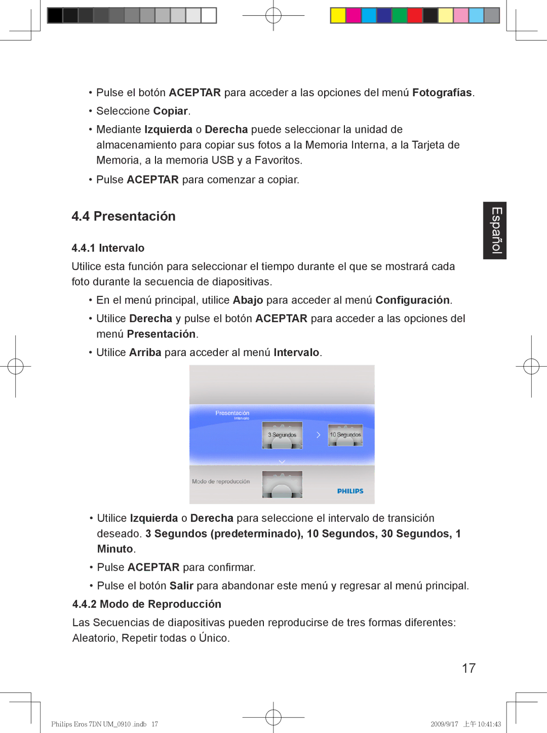 Philips SPF 3007D/G7, SPF 3407D/G7 user manual Presentación, Intervalo, Minuto, Modo de Reproducción 