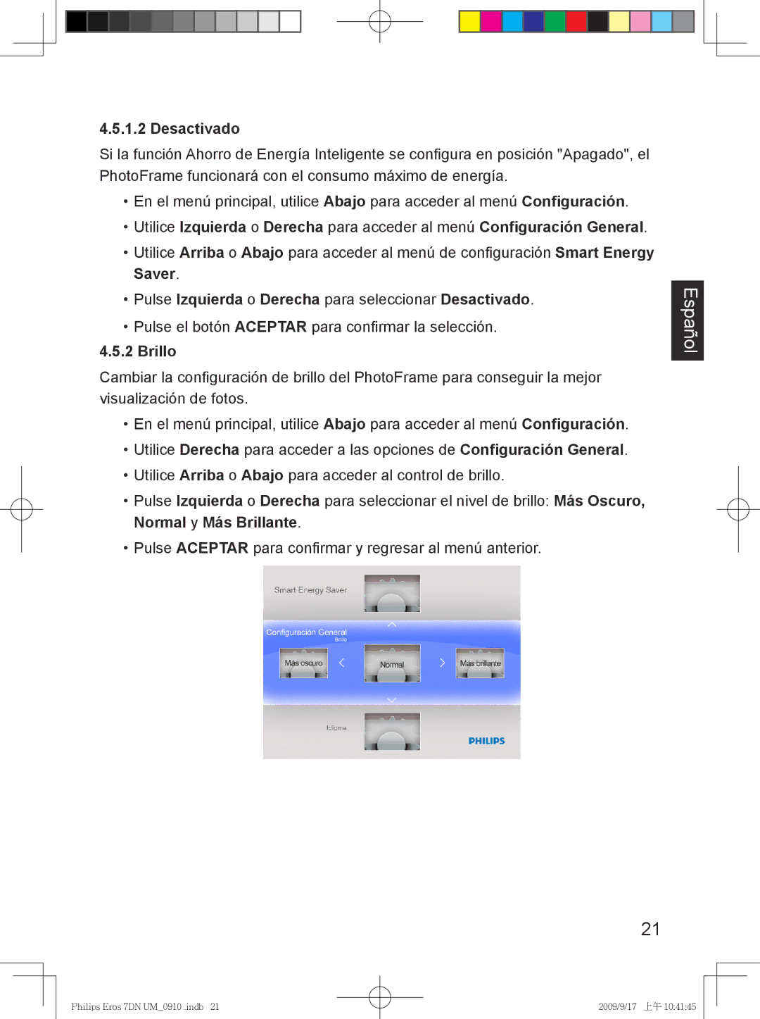 Philips SPF 3007D/G7, SPF 3407D/G7 user manual Saver Pulse Izquierda o Derecha para seleccionar Desactivado 