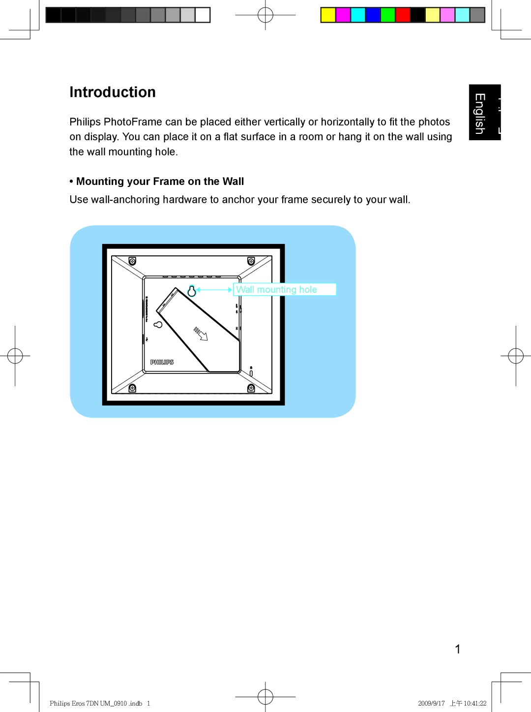 Philips SPF 3007D/G7, SPF 3407D/G7 user manual Introduction, Mounting your Frame on the Wall 