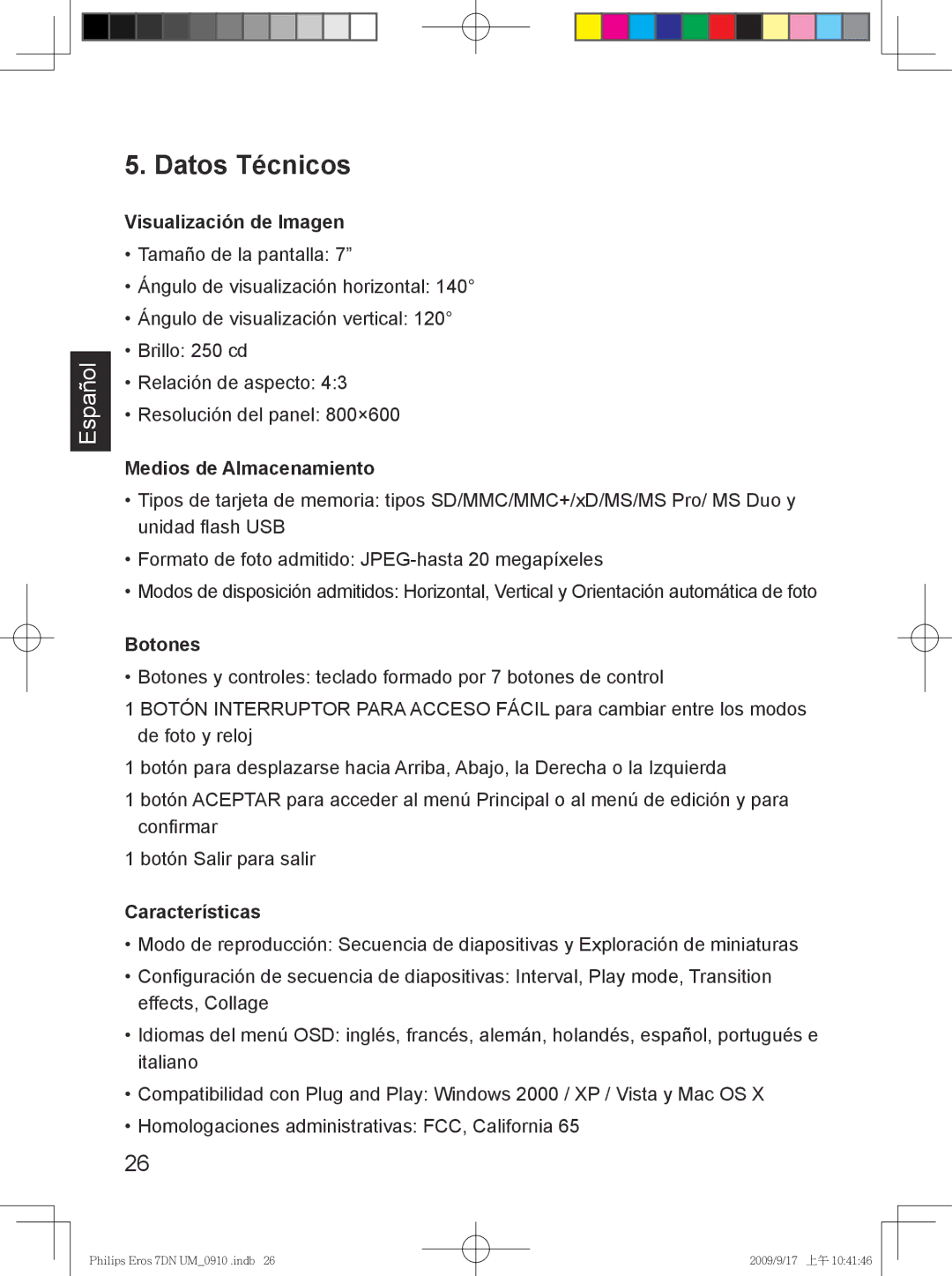 Philips SPF 3407D/G7 Datos Técnicos, Visualización de Imagen, Medios de Almacenamiento, Botones, Características 