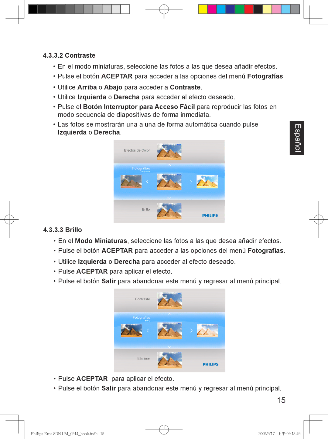 Philips SPF 3408T/G7, SPF 3408/G7 user manual Contraste, Izquierda o Derecha Brillo 