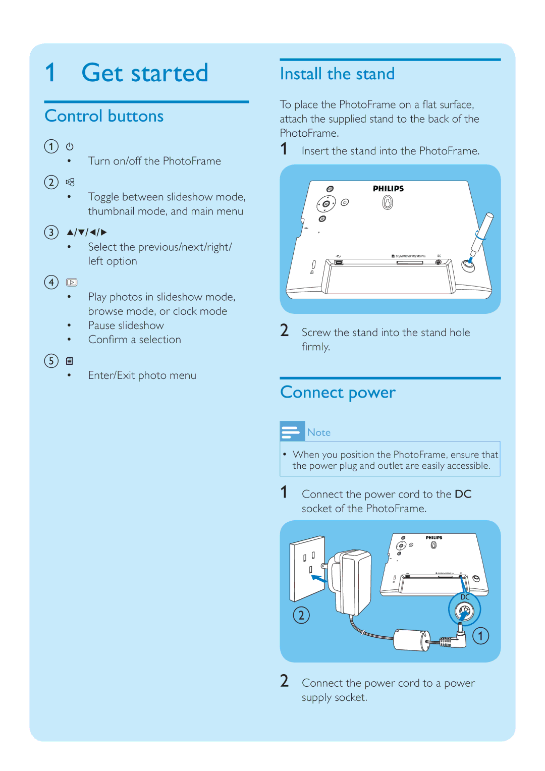 Philips SPF1017 quick start Get started, Control buttons, Install the stand, Connect power 