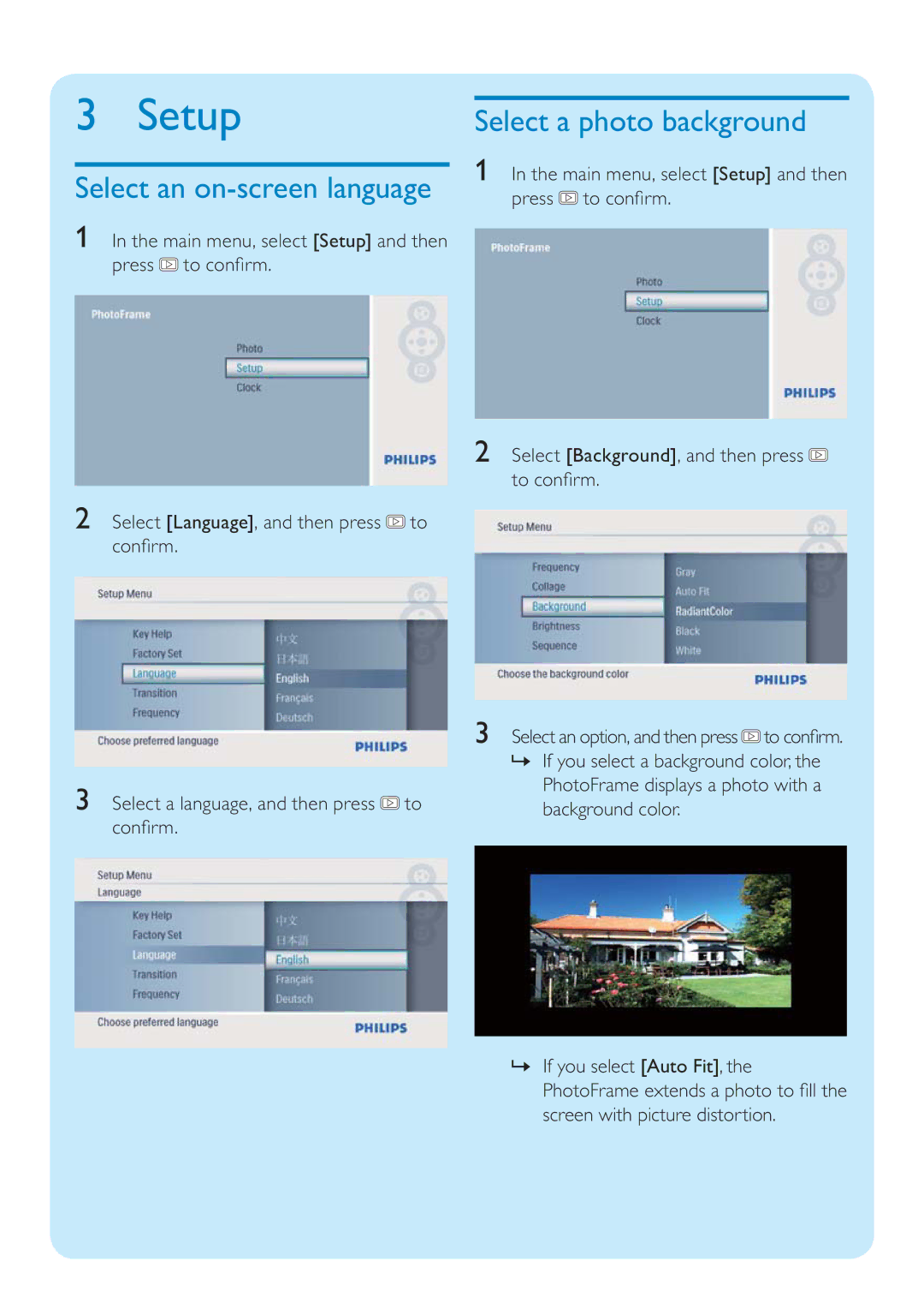 Philips SPF1017 quick start Setup, Select an on-screen language, Select a photo background 