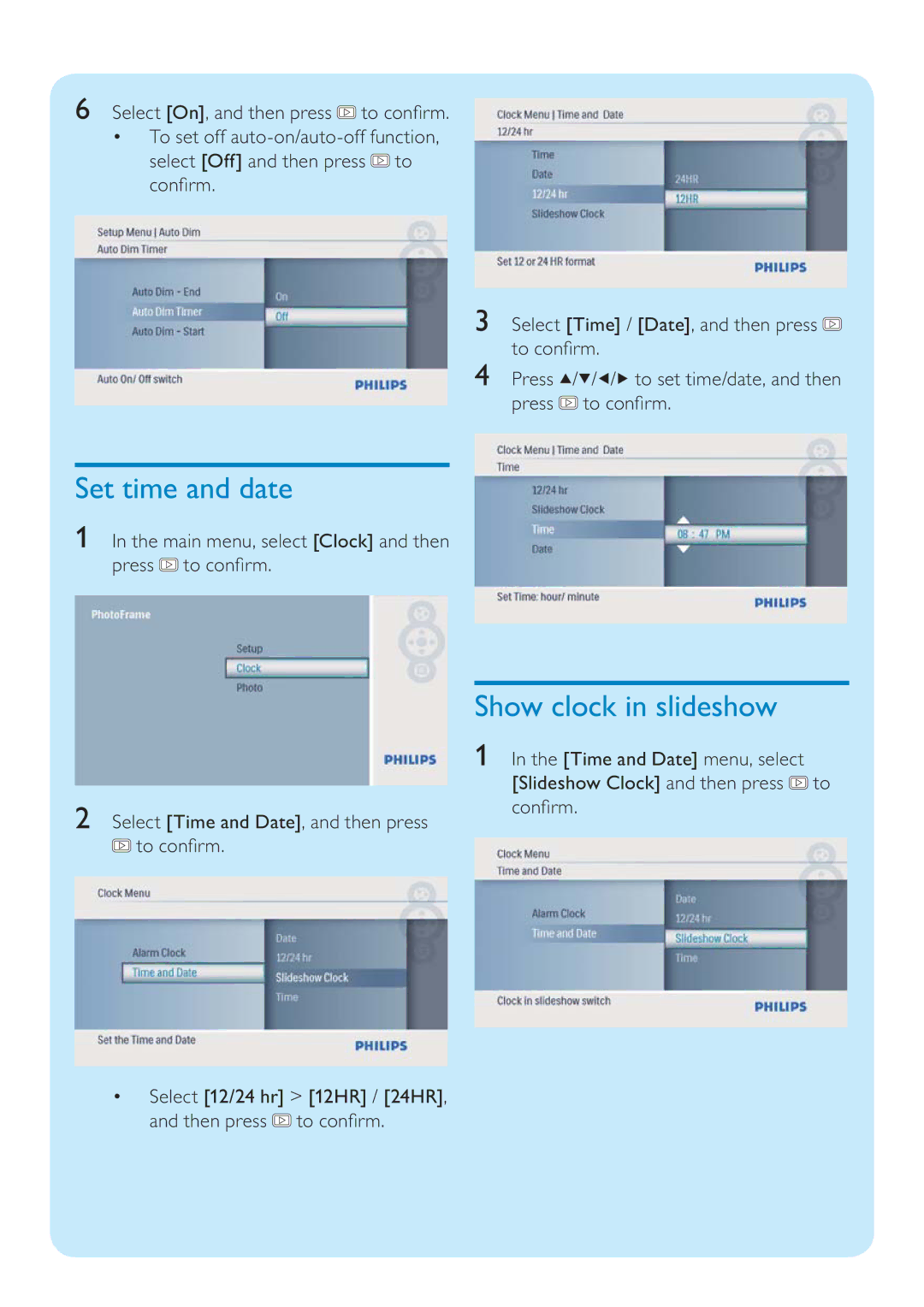 Philips SPF1017 quick start Set time and date, Show clock in slideshow 