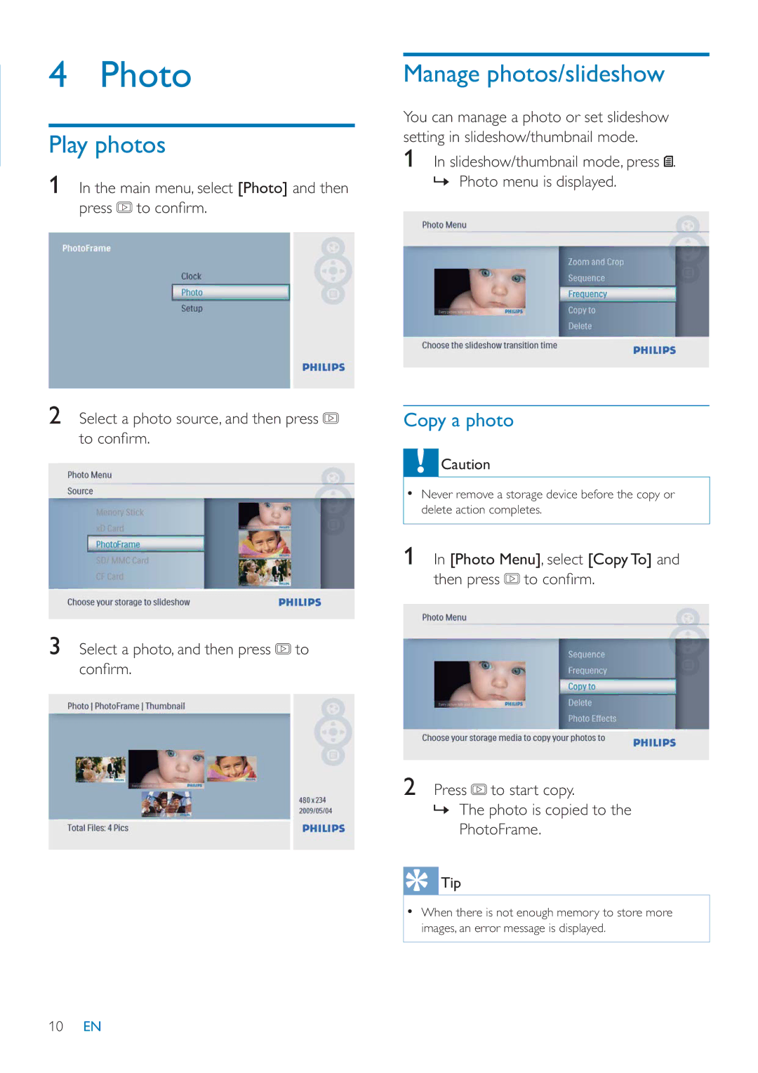 Philips SPF1027/05 user manual Photo, Play photos, Manage photos/slideshow, Copy a photo 