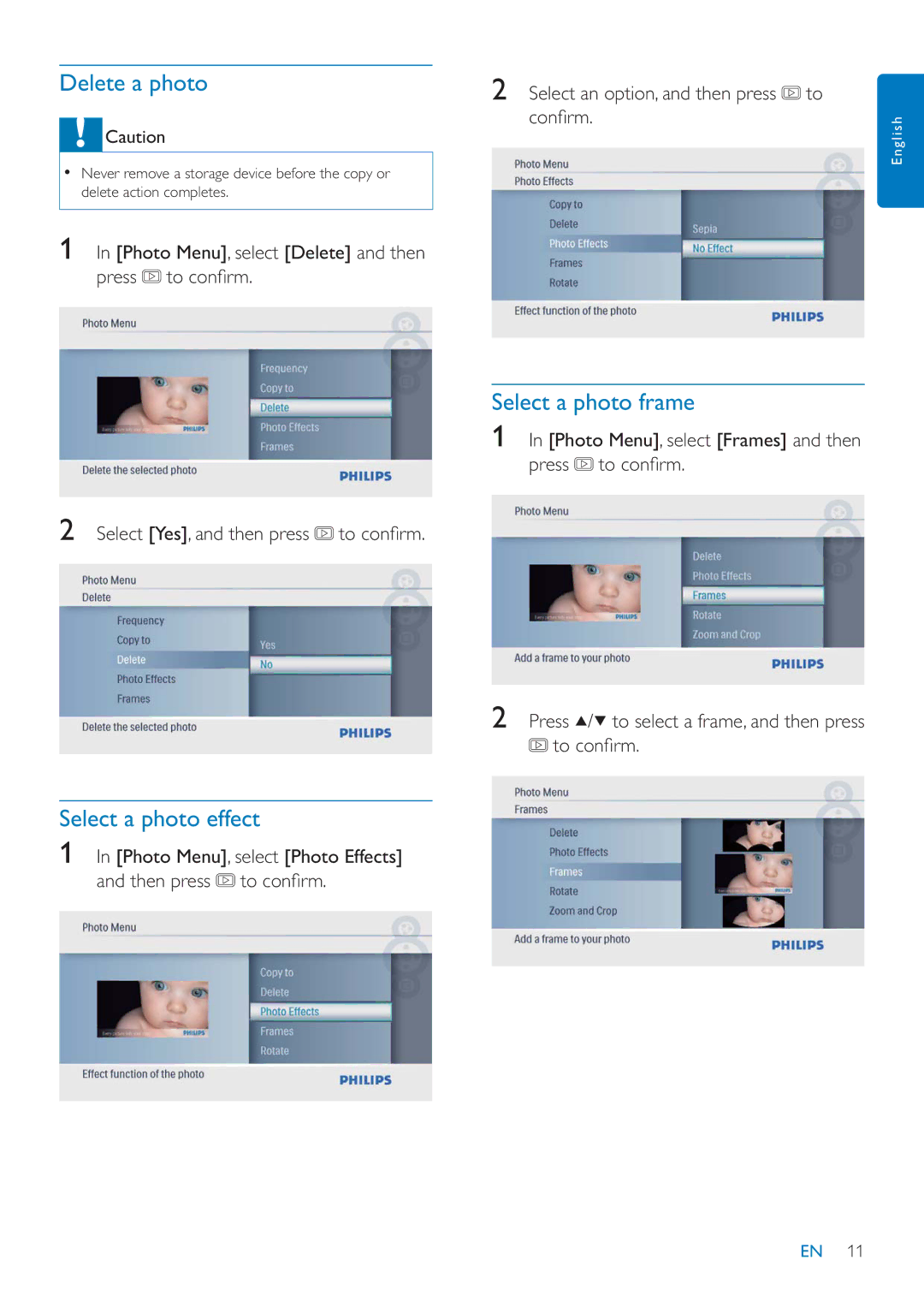 Philips SPF1027/05 user manual Delete a photo, Select a photo frame, Select a photo effect 