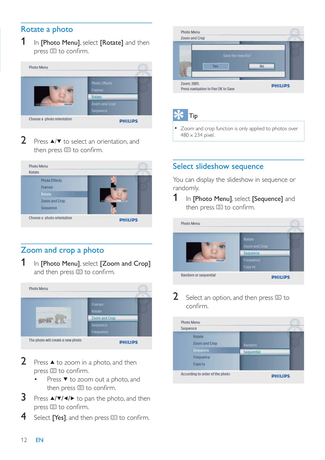 Philips SPF1027/05 user manual Rotate a photo, Select slideshow sequence, Zoom and crop a photo 