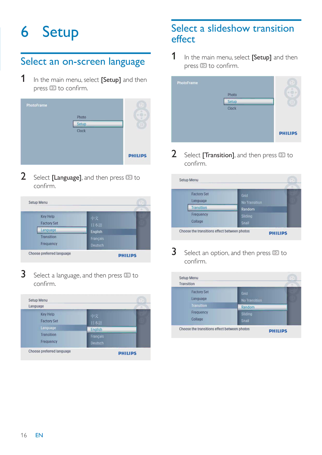 Philips SPF1027/05 user manual Setup, Select an on-screen language, Select a slideshow transition effect 