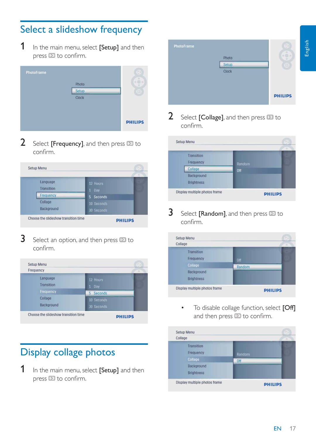 Philips SPF1027/05 user manual Select a slideshow frequency, Display collage photos 