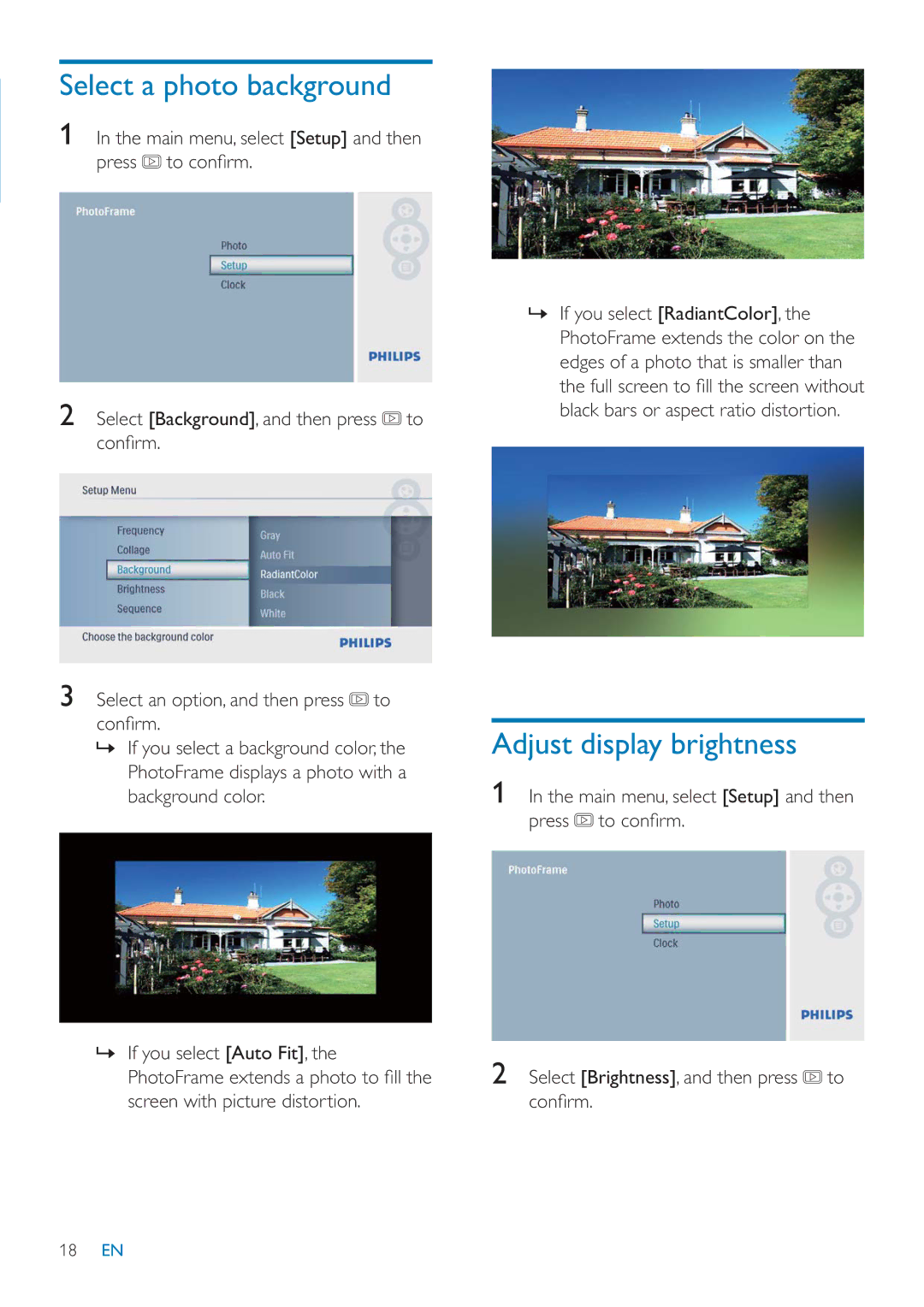 Philips SPF1027/05 user manual Select a photo background, Adjust display brightness 