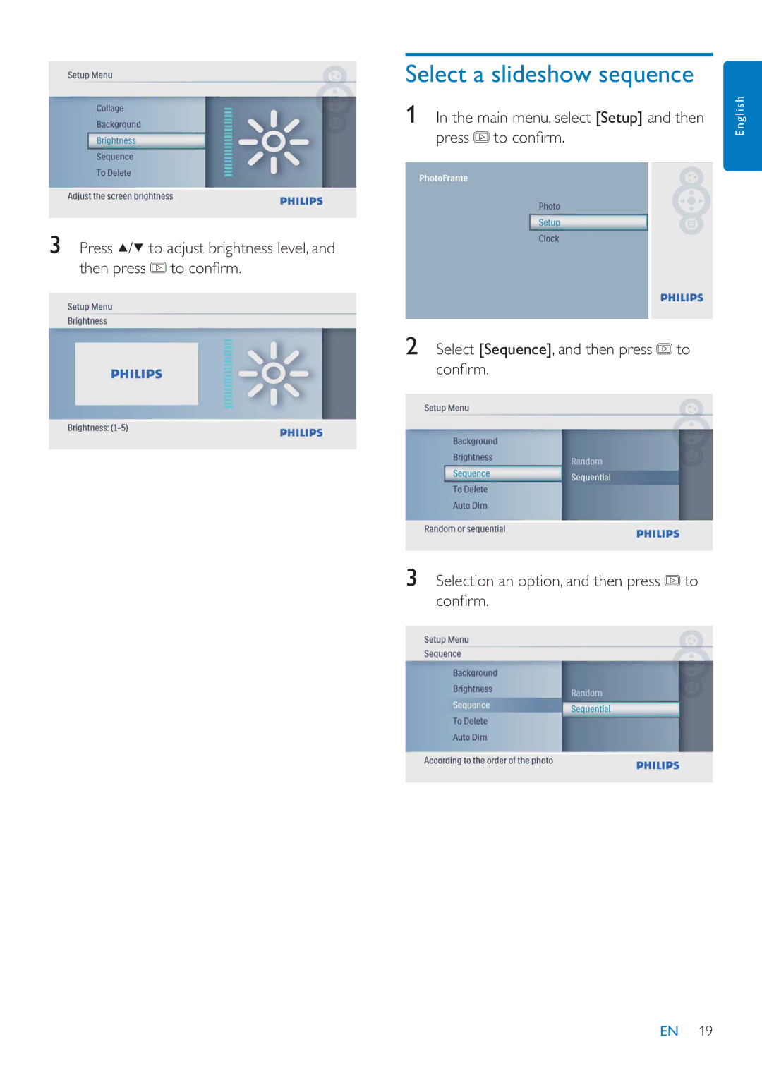 Philips SPF1027/05 user manual Select a slideshow sequence 