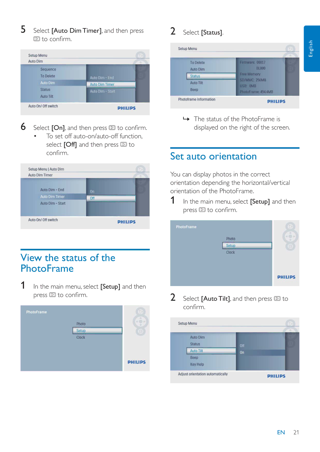 Philips SPF1027/05 user manual Set auto orientation, View the status of the PhotoFrame 