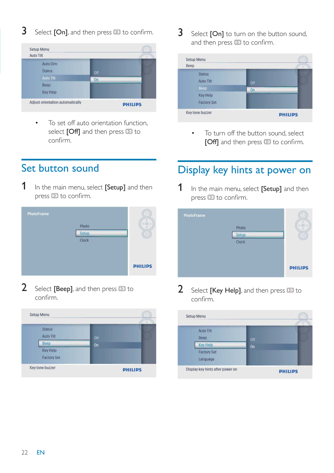 Philips SPF1027/05 user manual Set button sound, Display key hints at power on 