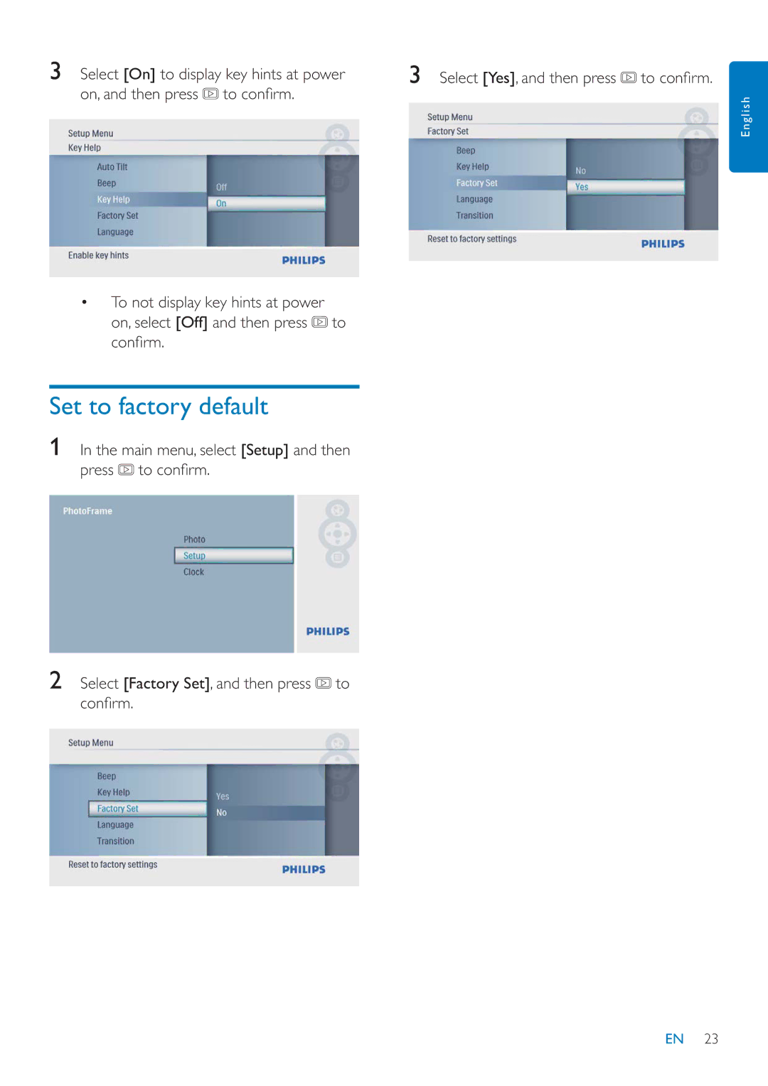 Philips SPF1027/05 user manual Set to factory default 