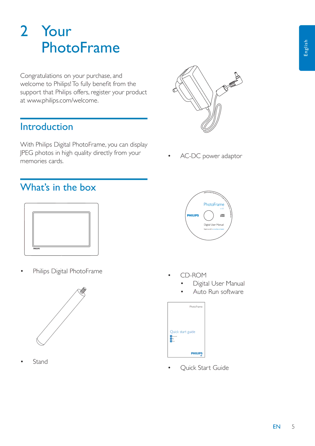 Philips SPF1027/05 user manual Your PhotoFrame, Introduction, What’s in the box 