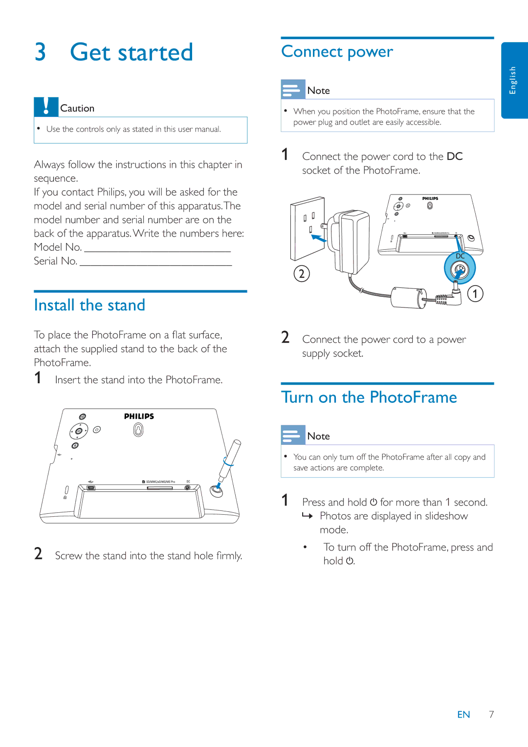 Philips SPF1027/05 user manual Get started, Install the stand, Connect power, Turn on the PhotoFrame 