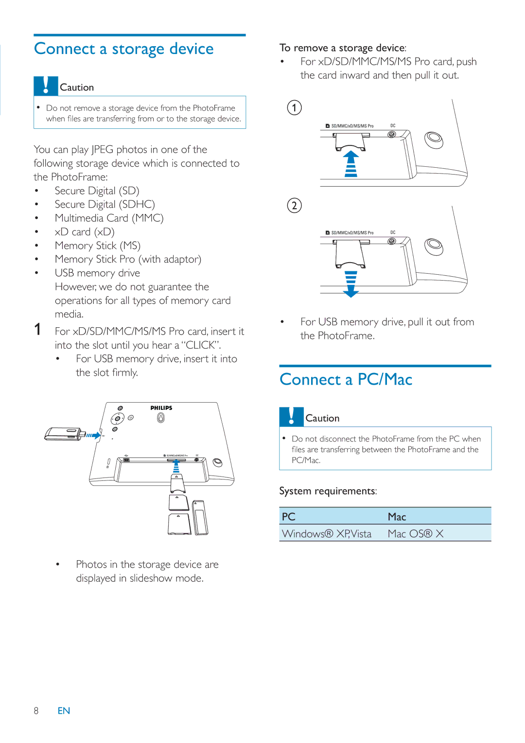 Philips SPF1027/05 user manual Connect a storage device, Connect a PC/Mac 