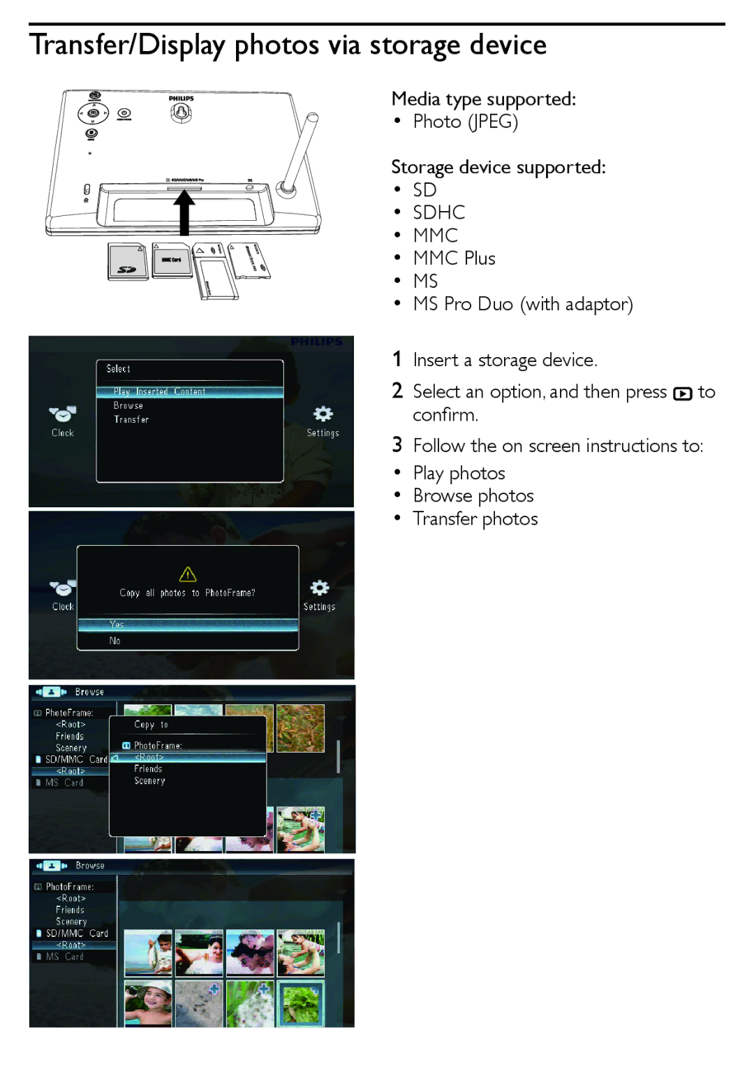 Philips SPF1327, SPF1307/05 quick start Transfer/Display photos via storage device, Sdhc MMC 