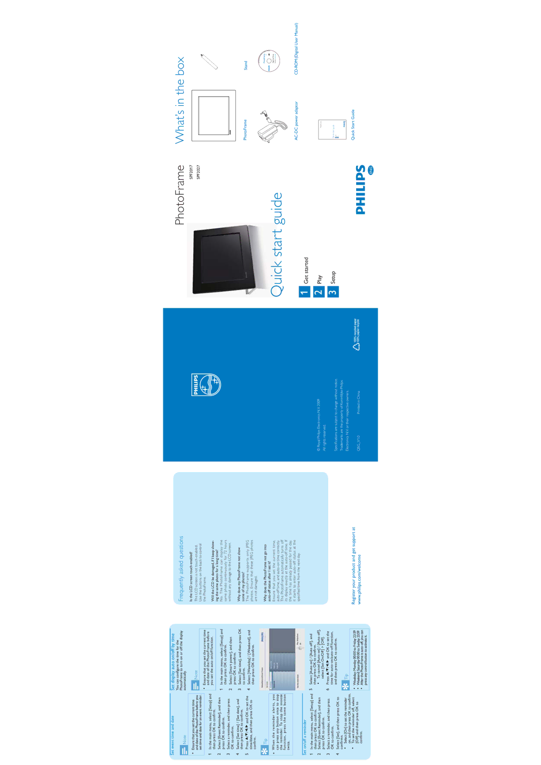 Philips SPF2027/93 quick start Set display auto on/off by time, Set event time and date, Set on/off a reminder 