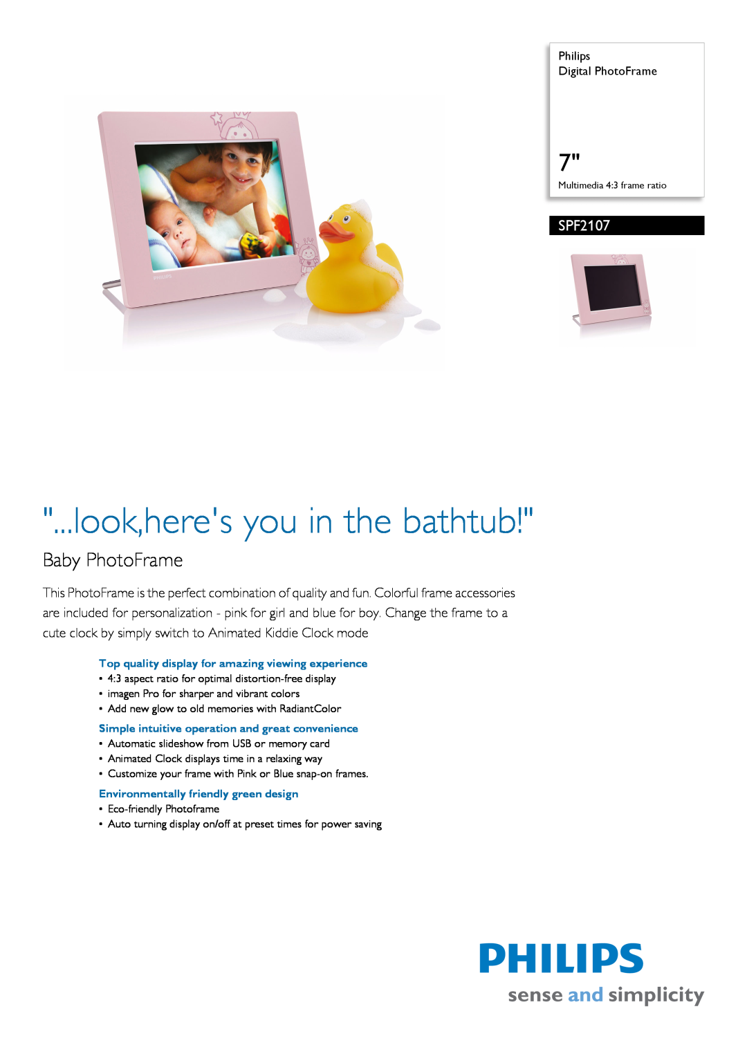 Philips SPF2107/10 manual look,heres you in the bathtub, Baby PhotoFrame 