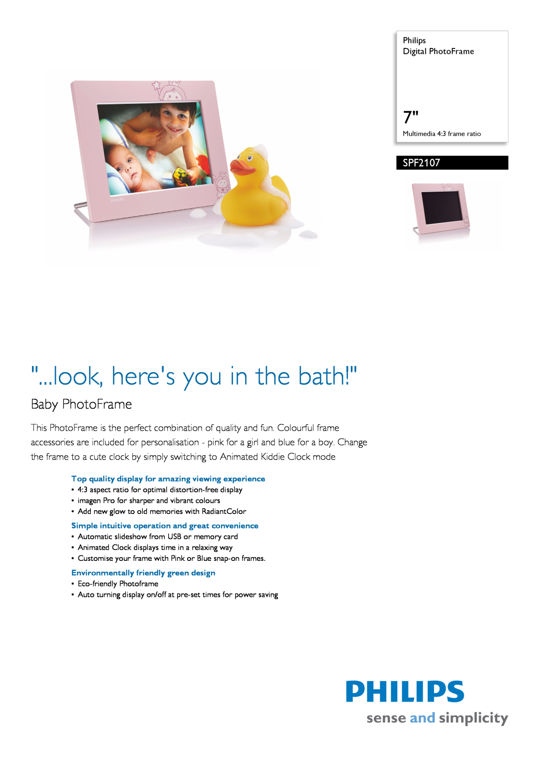 Philips SPF2107/12 manual look, heres you in the bath, Baby PhotoFrame 