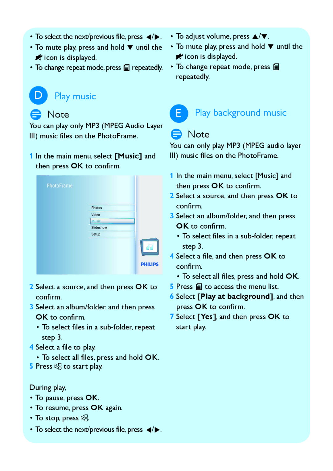 Philips SPF2007, SPF2207, SPF2107 quick start Play music, Play background music, To mute play, press and hold until 