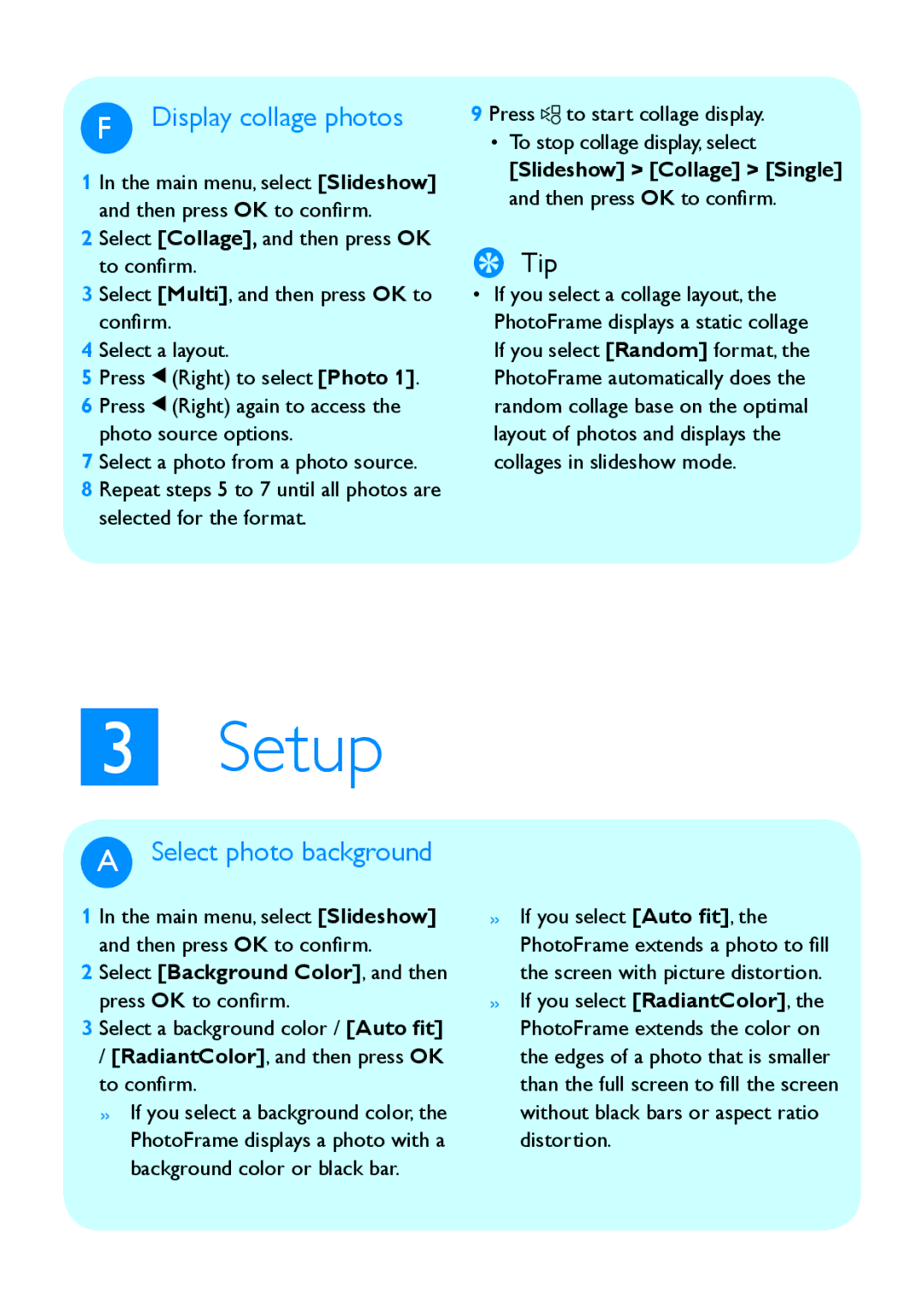 Philips SPF2207, SPF2107, SPF2007 quick start Setup, Display collage photos, Select photo background 