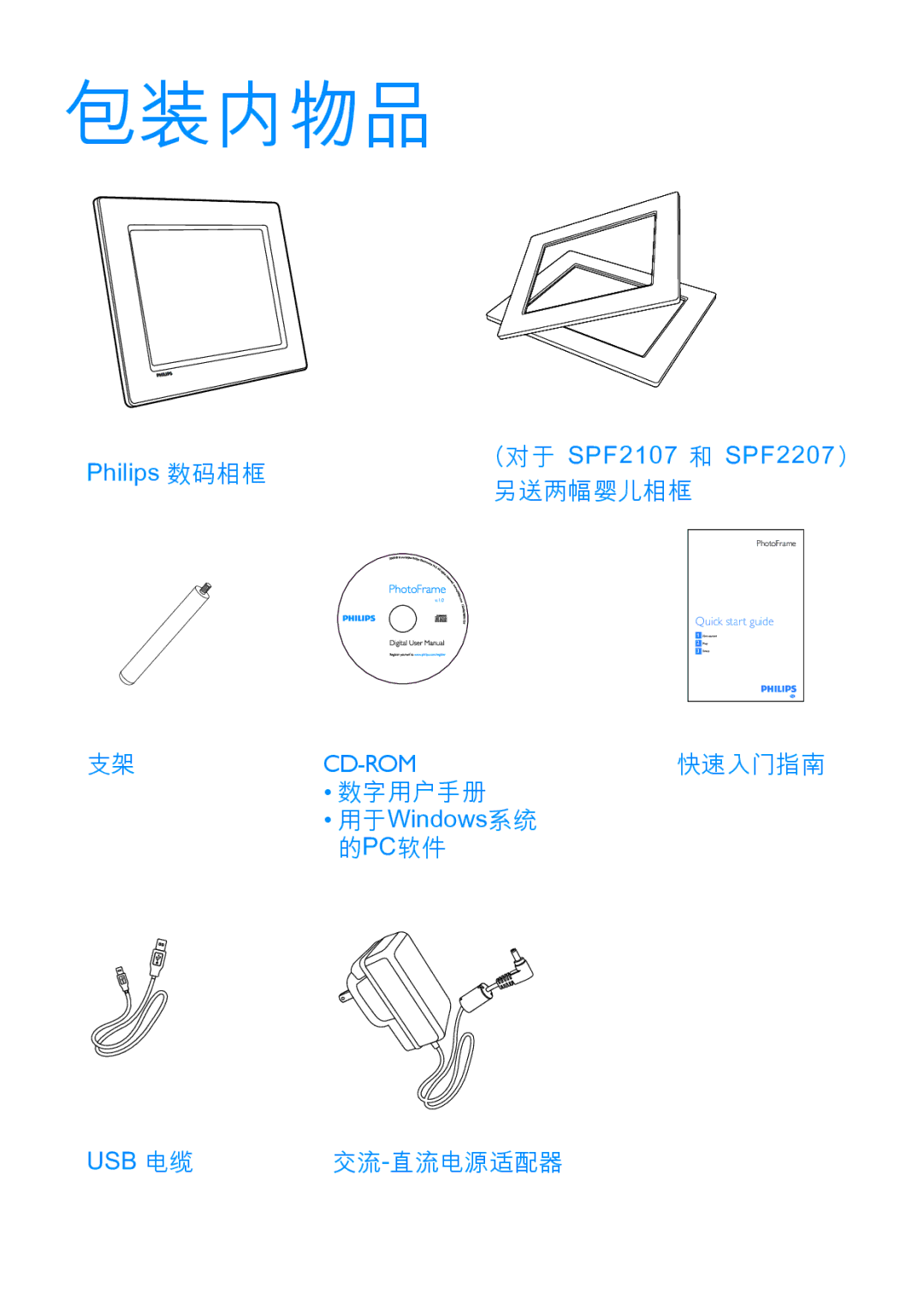 Philips SPF2007, SPF2207, SPF2107 manual 包装内物品 