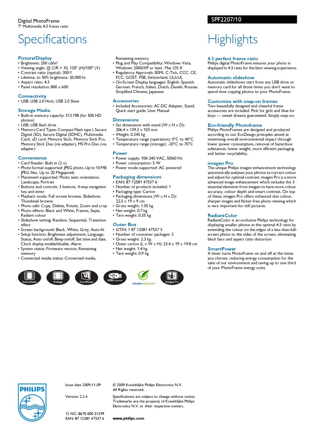 Philips SPF2207/10 Picture/Display, Connectivity, Storage Media, Convenience, Accessories Dimensions, Power, Outer Box 
