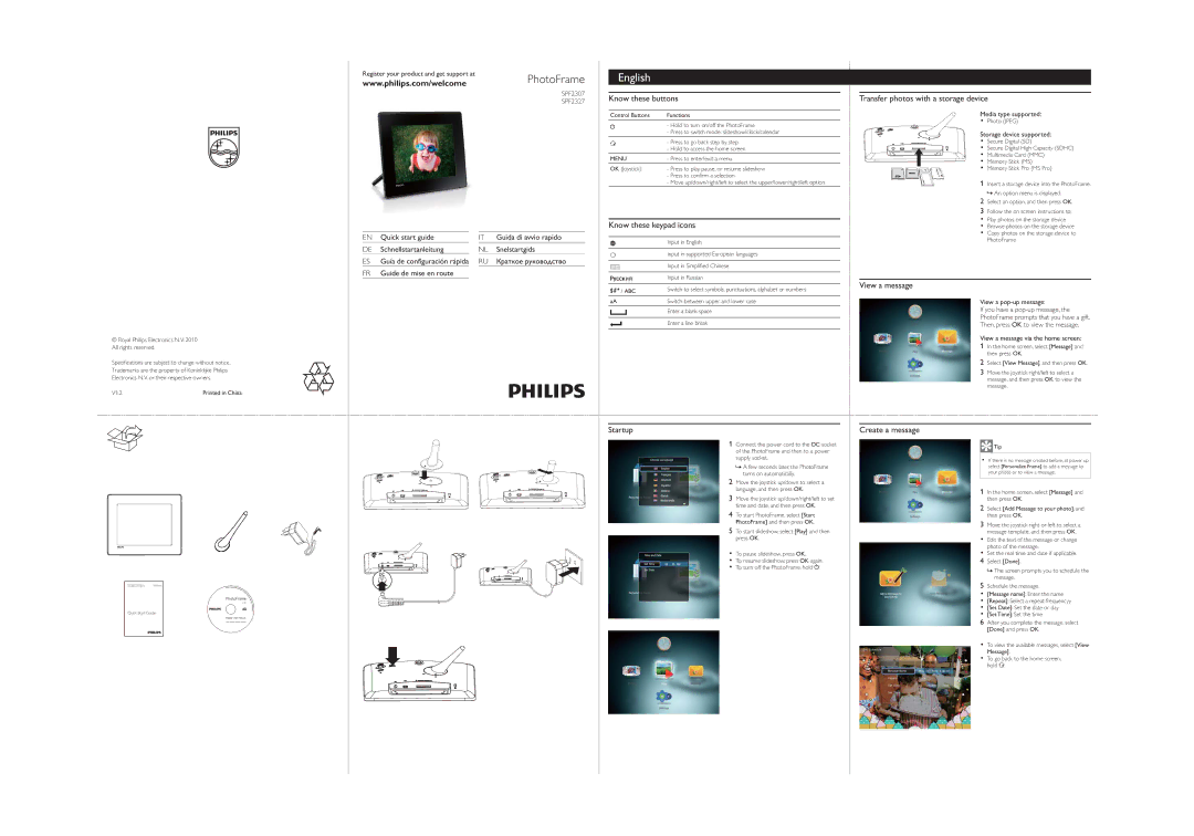Philips SPF2307 specifications Know these buttons, Know these keypad icons, Transfer photos with a storage device, Startup 